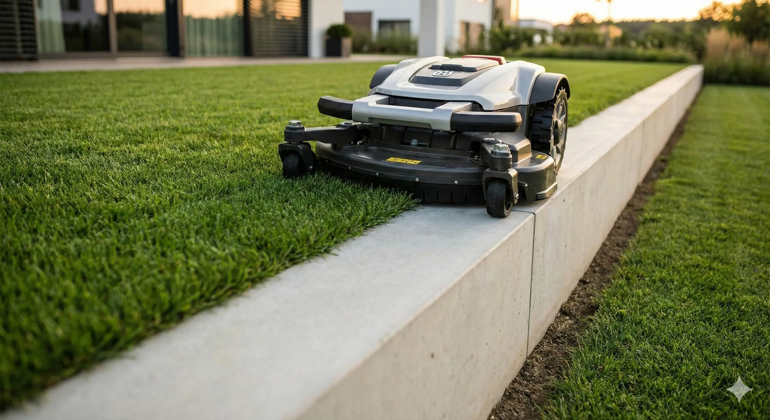 Robot rasaerba professionale che taglia l'erba a filo bordo su un cordolo in cemento architettonico senza bisogno di decespugliatore