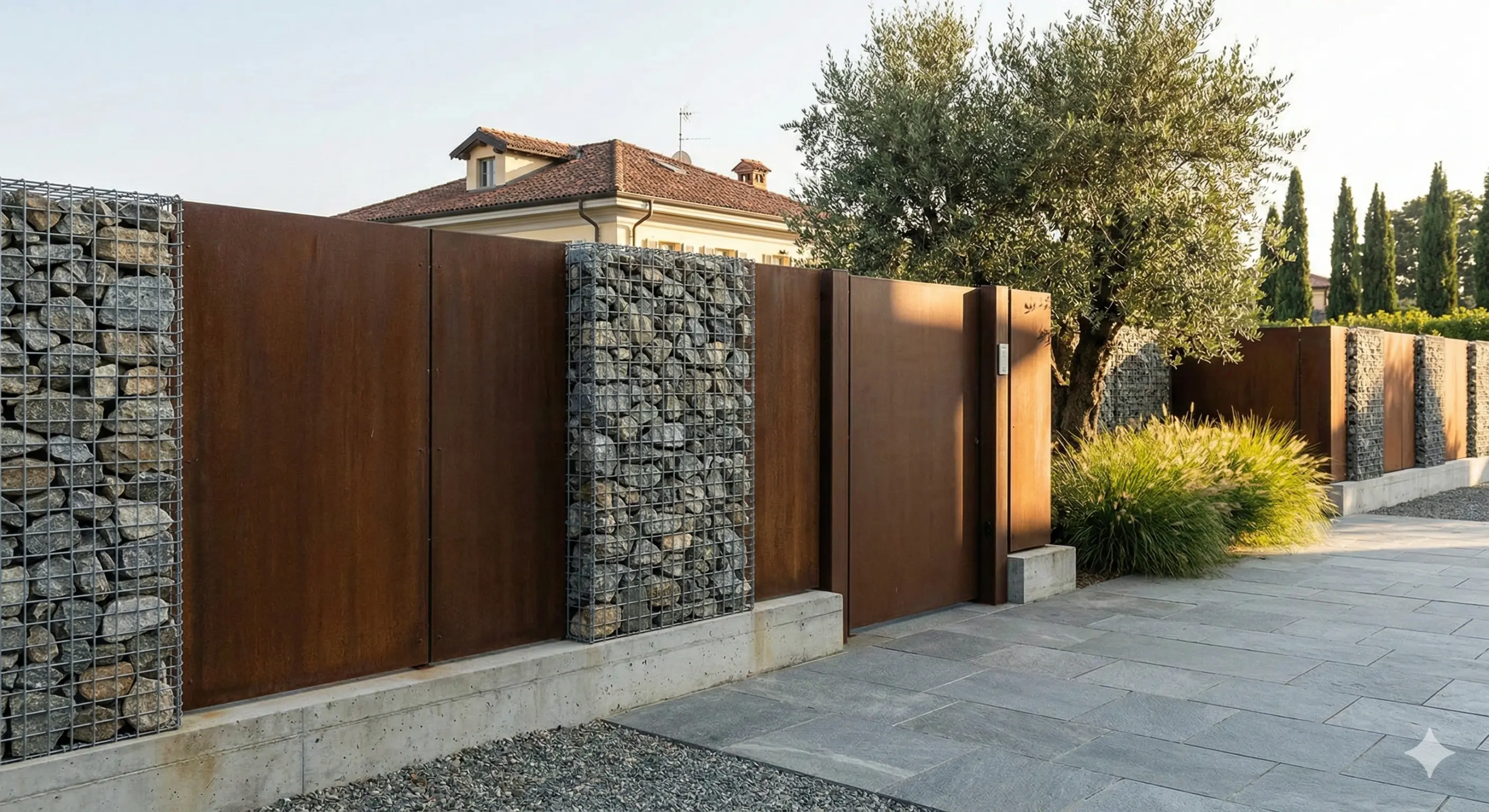 Schermatura architettonica Sekuoia: parete divisoria in Corten e gabbioni con pietre alpine