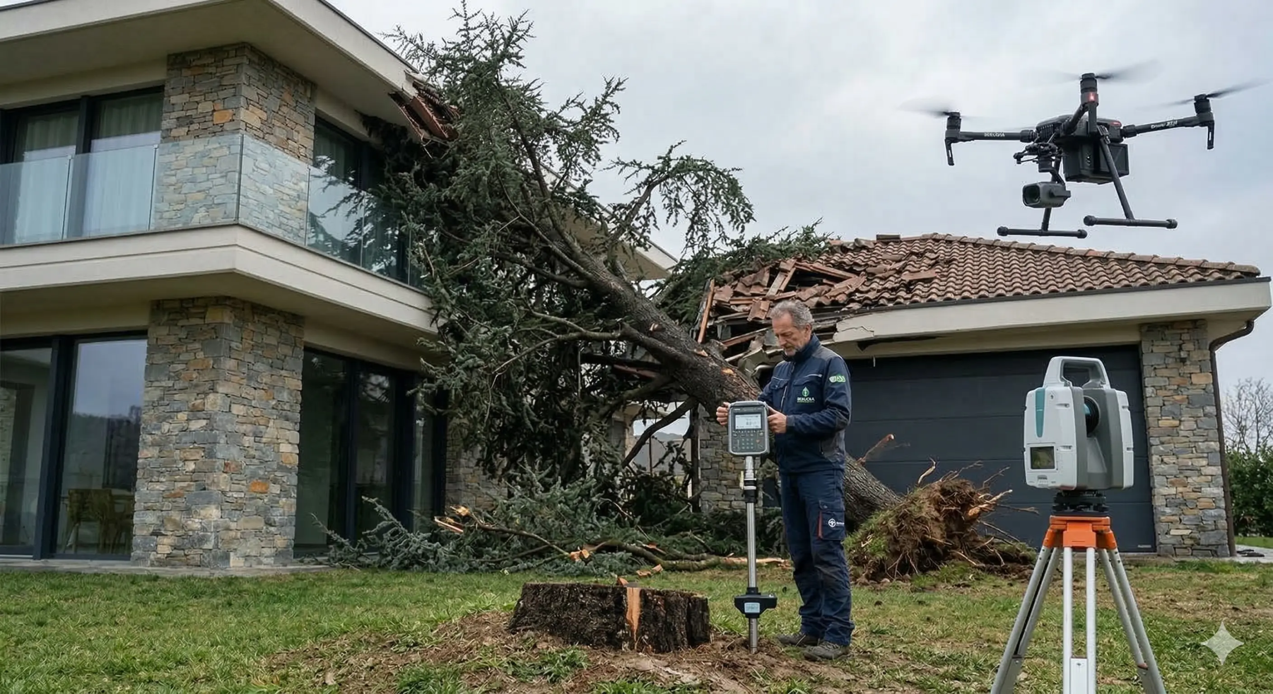 Tecnico Sekuoia analizza traiettoria abbattimento albero con drone DJI area torinese