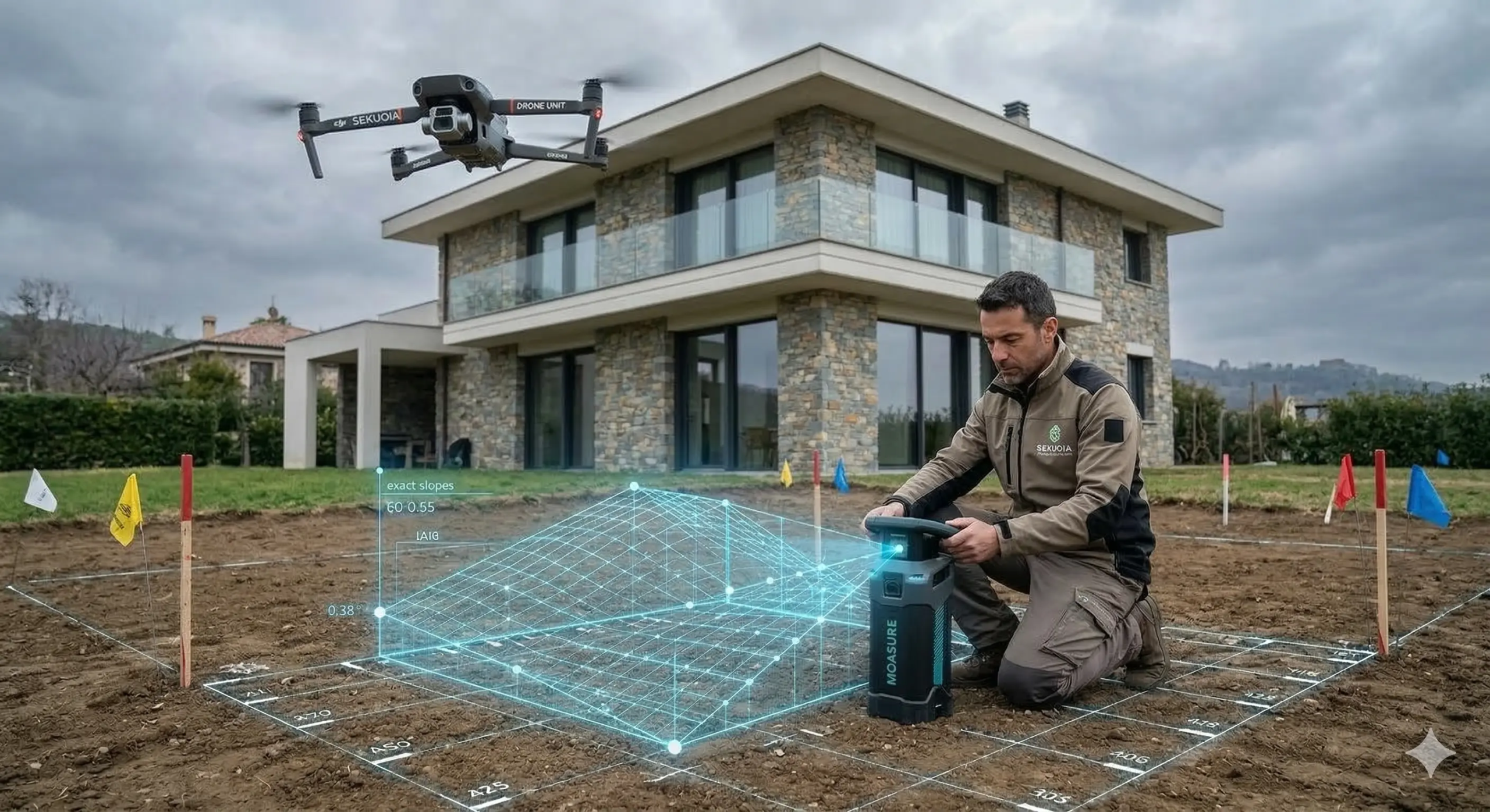 Giardiniere Torino 2 Tecnico Sekuoia usa Moasure e drone per rilievo metrico 3D su terreno nudo per progettazione giardino a Torino