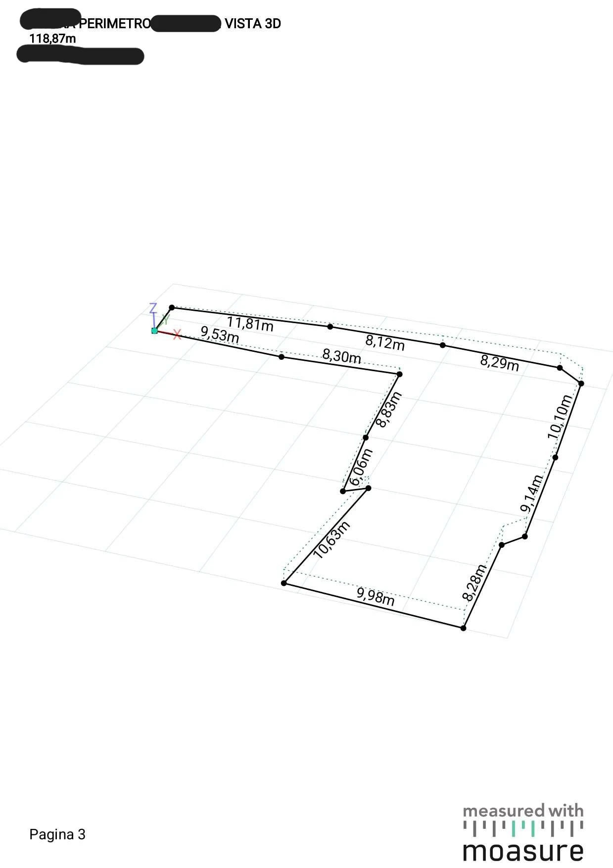 Tracciato laser 3D perimetro giardino 118,87 m per calcolo pendenze Metodo Sekuoia Torino